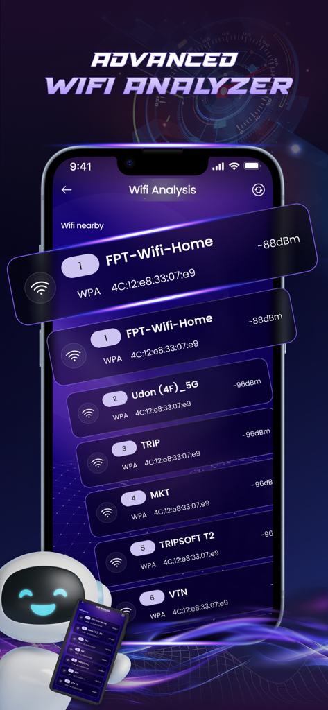 Internet Speed Test & Analyze - Schermata avanzata di Wifi Analyzer che elenca le reti vicine e la potenza del segnale