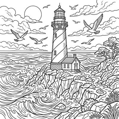 Discover the captivating beauty of the sea with this stunning lighthouse coloring page. Featuring a towering beacon amidst crashing waves and soaring seagulls, it's perfect for artists of all ages.