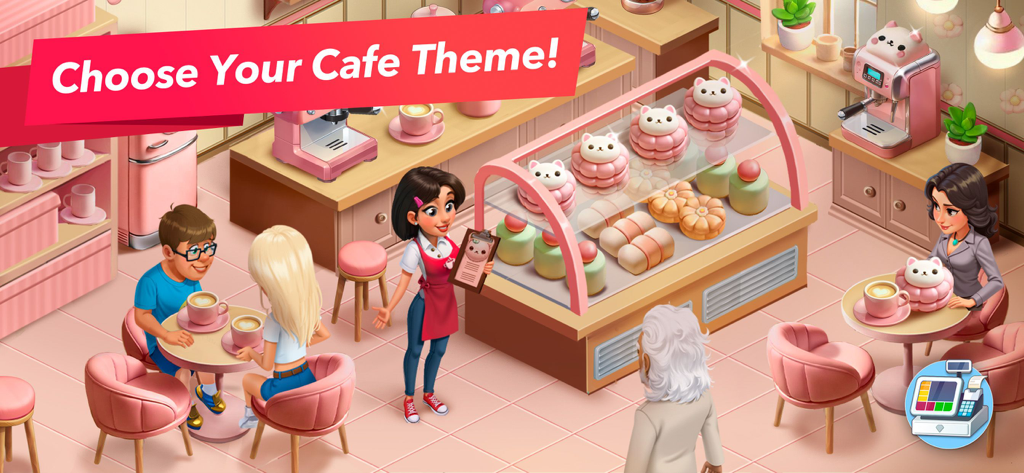 Pink interior design of a coffee shop with cat pastries in My Cafe game