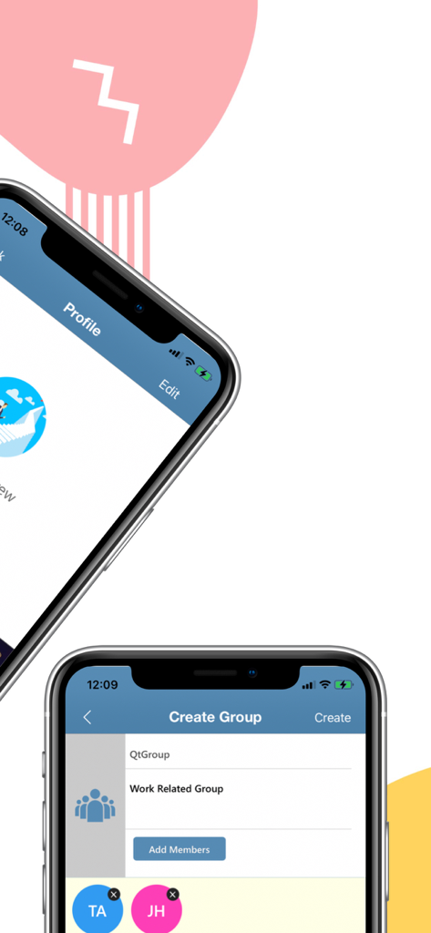 QTConnect - Two iPhone screens displaying the QTConnect app user profile and the work related group creation interface.