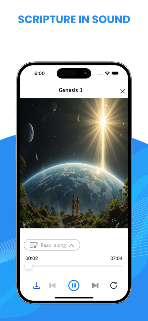 An audio player interface for Genesis chapter one in the NLT Bible app featuring a scripture in sound headline and a read along option.