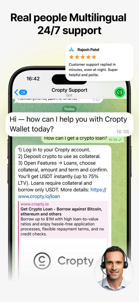 Cropty wallet – Bitcoin & USDT - Smartphone screen displaying Cropty Wallet 24/7 support chat and a five star user review.