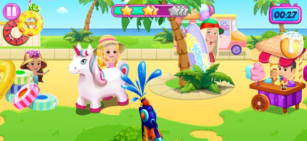 Like Nastya: Party Time - Nastya 캐릭터가 아이스크림 카트가 있는 해변 파티에서 흰색 유니콘 튜브에 앉아 있는 모습