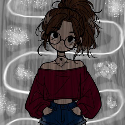 girl with a messy ponytail glasses a baggy crop top and jean shorts