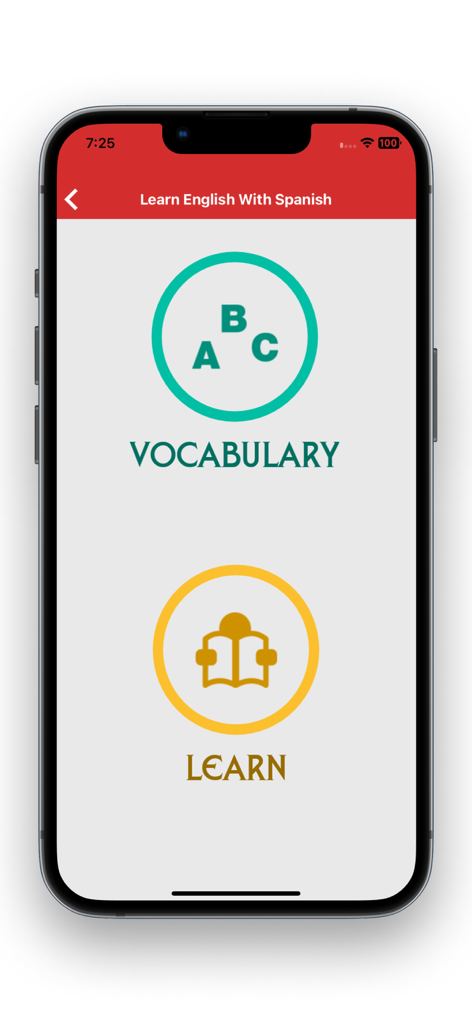 Spanish English Translators - Spanish English Translators app interface showing Vocabulary and Learn options for language students.