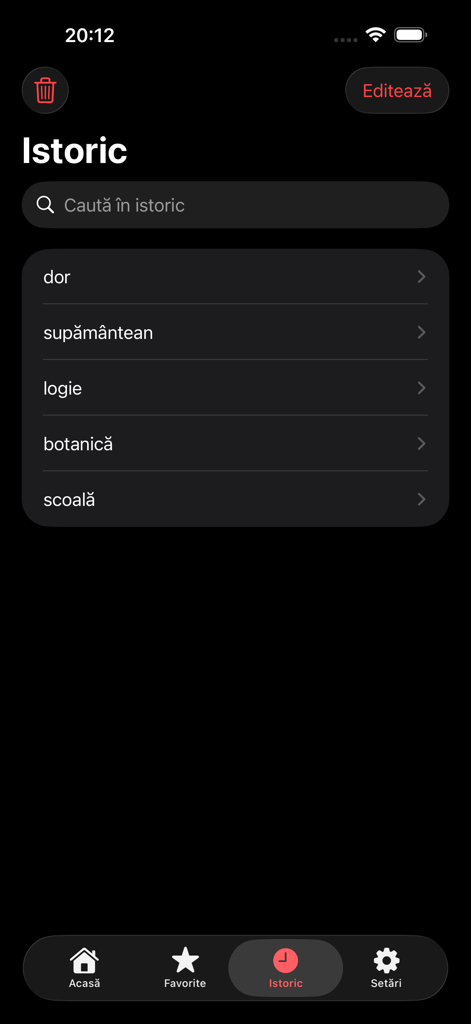Pantalla de historial de búsqueda de la aplicación de diccionario rumano roDex en modo oscuro mostrando palabras buscadas recientemente.