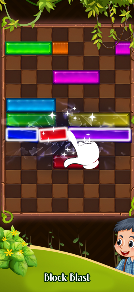 Block Slide - Block Puzzle - Gameplay screenshot of a hand sliding a red block to complete a row and create a block blast effect