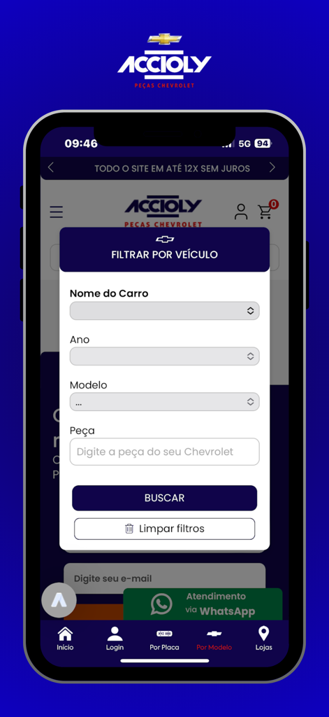 Tela de filtro de veículo do aplicativo Accioly GM para buscar peças Chevrolet por nome, ano e modelo do carro