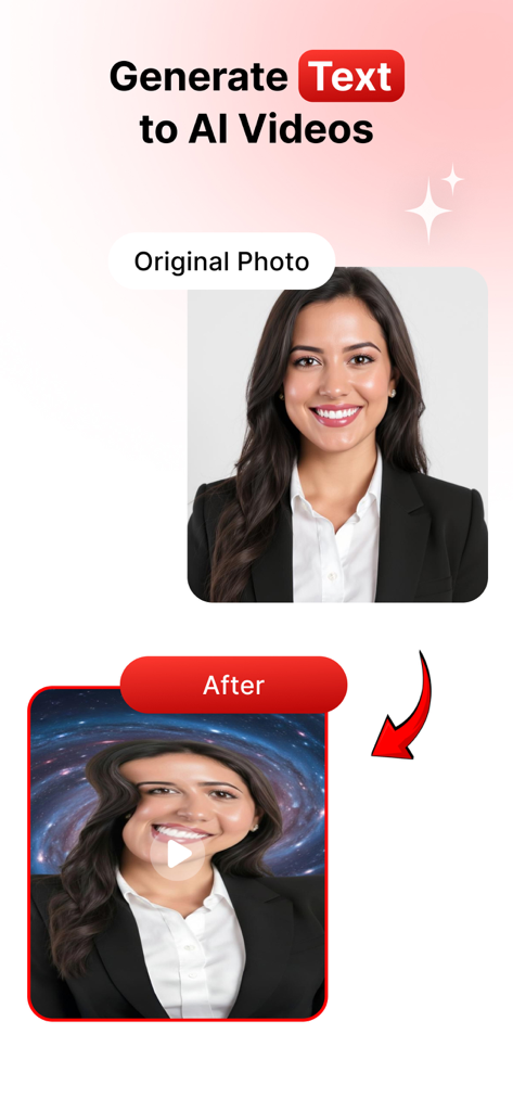 Una comparación que muestra una foto de retrato original y su transformación en un video con IA con un fondo de galaxia