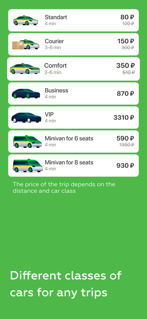 Таксовичкоф — Заказ такси - Taxovichkof アプリの画面。標準、宅配便、ビジネス、VIPなど、さまざまな車のサービスオプションを、それぞれの価格と推定到着時間とともに表示しています。
