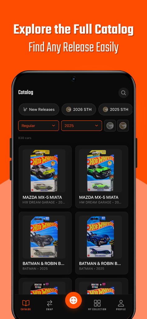 Hunt64: Diecast Car Collector - Hunt64 mobile app interface showing a catalog of diecast cars with filters for new releases and super treasure hunts