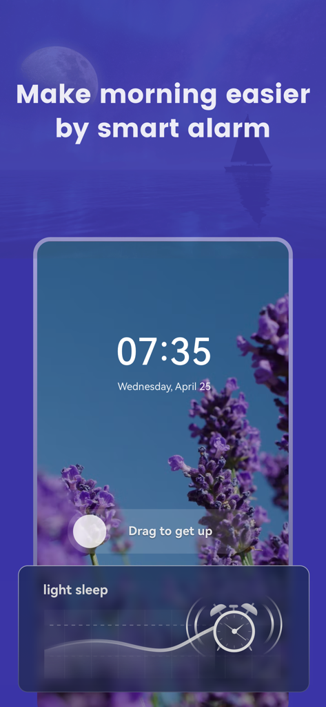 MooNite:Sleep Tracker &Record - MooNite App Smart Alarm-Oberfläche mit einer Aufwachzeit im leichten Schlaf und einem Lavendelhintergrund