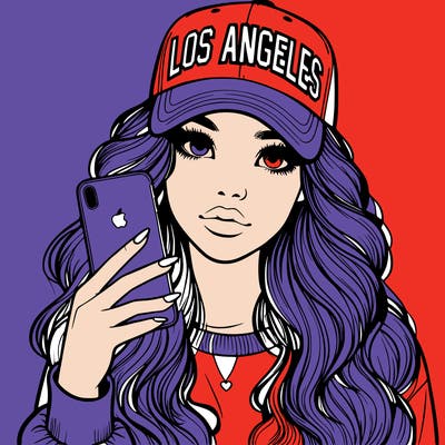 realistic beautiful girl wearing los ángeles cap holding an iphone