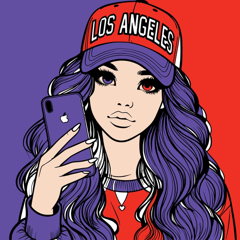 realistic beautiful girl wearing los ángeles cap holding an iphone