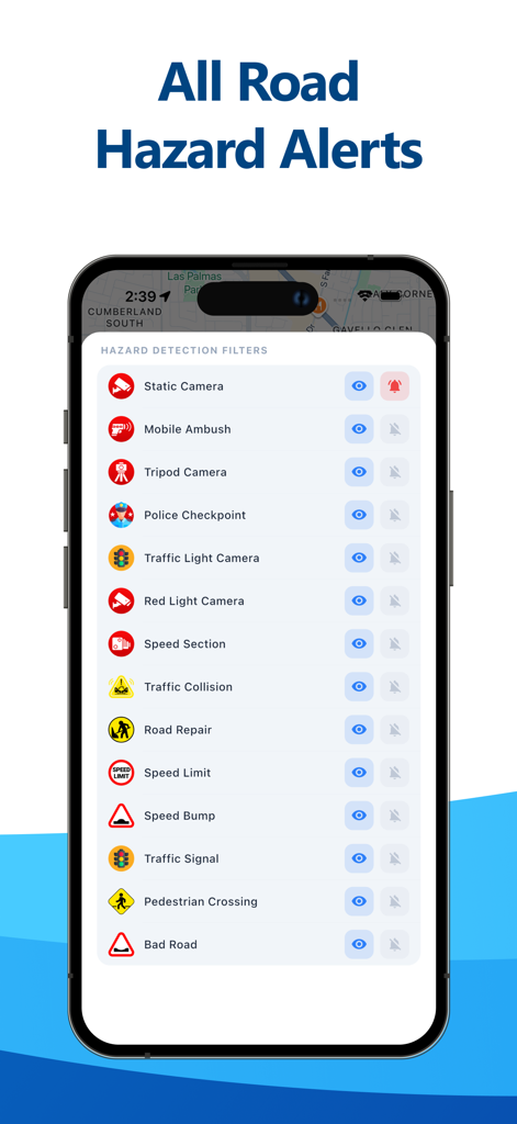 Speed Camera - Radar - A list of road hazard detection filters including speed cameras and police checkpoints