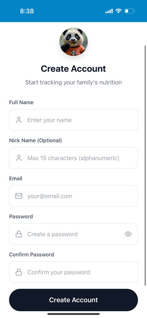 YumBridge – AI Food Tracker - YumBridge registration screen with name email and password fields