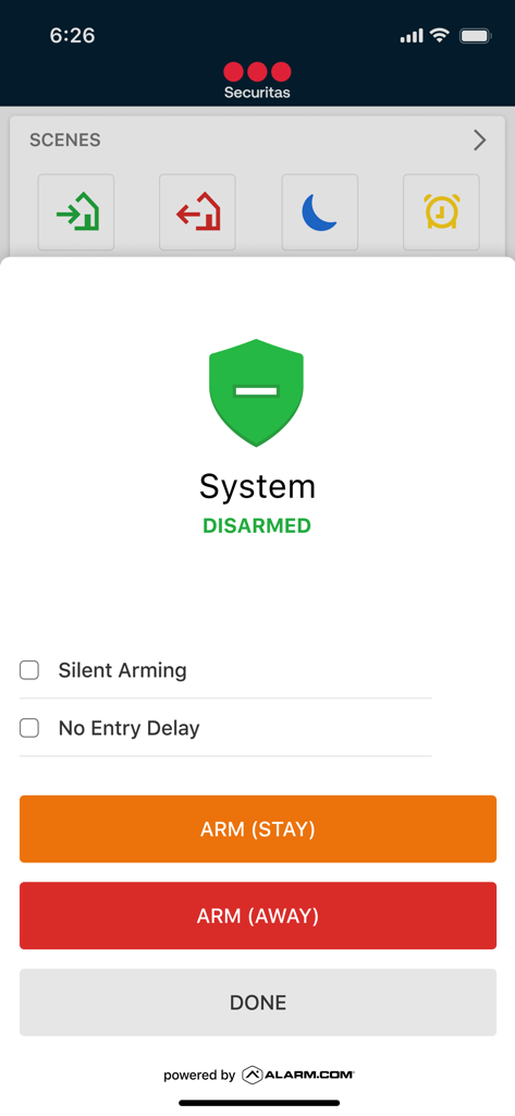 Securitas Connect - Securitas Connect App Benutzeroberfläche mit Optionen zur Aktivierung des Sicherheitssystems im Modus "Zuhause" oder "Abwesend"