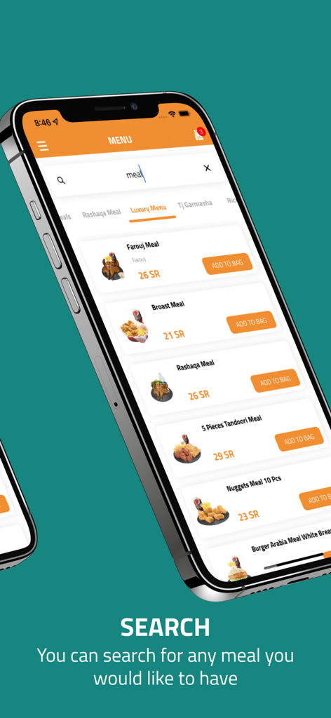 Smartphone screen displaying the Al Tazaj app menu with a search feature and a list of chicken meals and prices