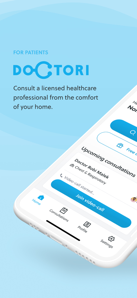 Doctori  دكتوري - Doctori app interface showing an upcoming video consultation with a licensed healthcare professional