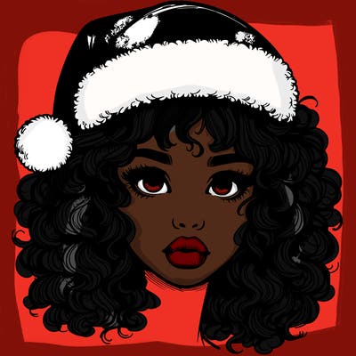 realistic girl with a santa hat curly hair and lips
