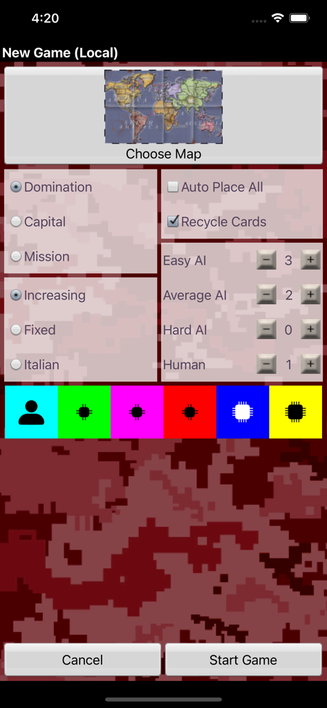 Domination (risk & strategy) - Schermata di configurazione per una partita locale nell'app di strategia Domination con selezione della mappa e livelli di difficoltà dell'IA