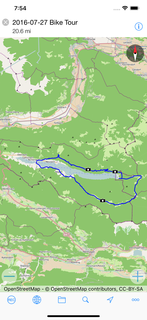 A map view of a bike tour recording in the myTracks GPS logger app showing the route and photo locations