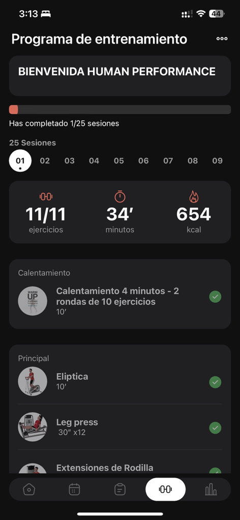 My GO fit - A interface de treino do aplicativo My GO fit exibindo o progresso da sessão e estatísticas de exercícios