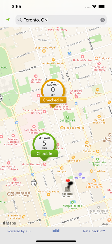 Interfaz de mapa de Dynacare Net Check In que muestra los tiempos de espera estimados para las ubicaciones de laboratorio en Toronto.