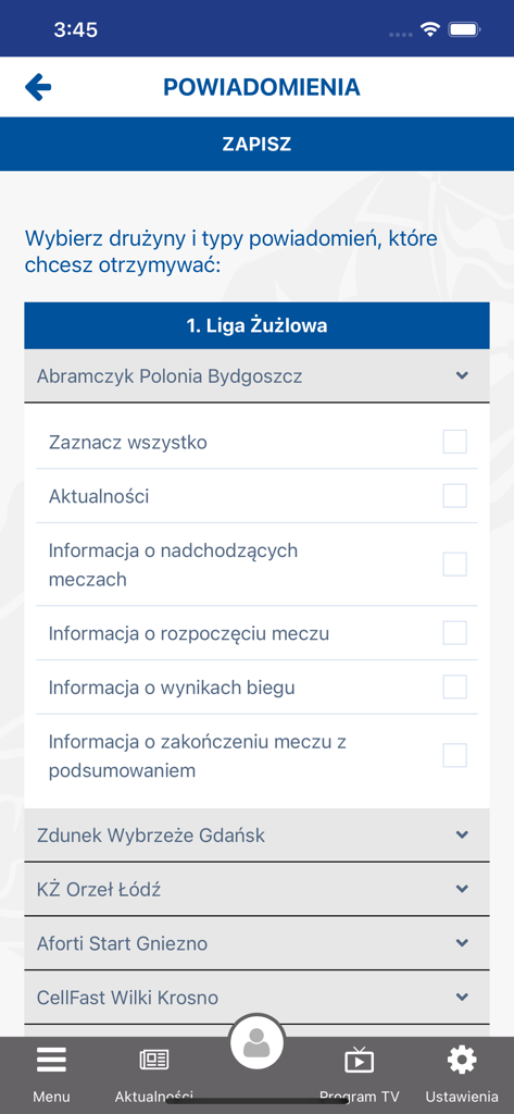 Notification settings screen for selecting teams and race alert types in the Polski Zuzel speedway app
