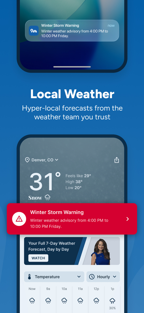 9News Denver mobile app interface showing local weather forecast with a winter storm warning alert