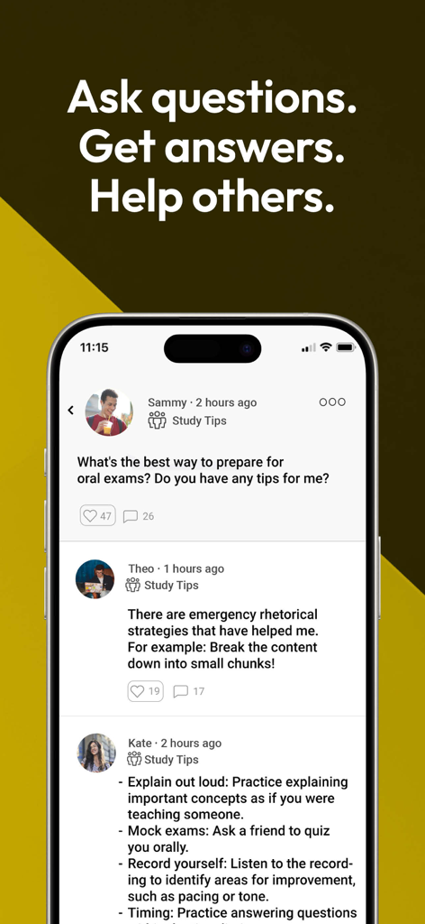 Studydrive: Study & Flashcards - Display smartphone che mostra il feed della community di Studydrive in cui gli studenti pongono e rispondono a domande relative allo studio.