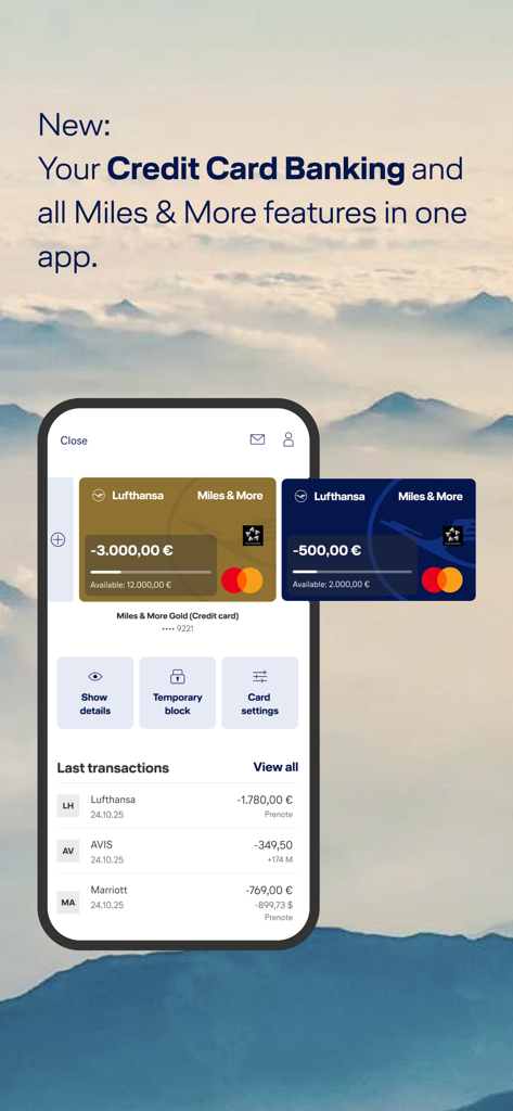Miles & More - Captura de pantalla de la aplicación Miles and More que presenta banca de tarjetas de crédito integrada, historial de transacciones y configuración de gestión de tarjetas con un telón de fondo de montaña.