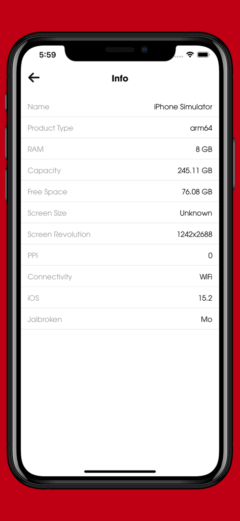 Phone Checker app displaying detailed device information including RAM capacity and iOS version