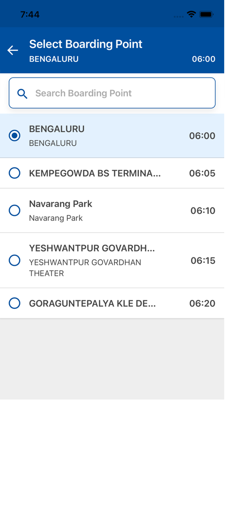 KSRTC AWATAR - Screenshot of the KSRTC AWATAR app showing the select boarding point screen with a list of locations and times in Bengaluru