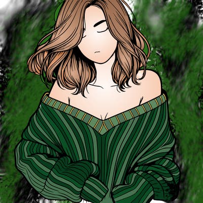 realistic girl with sweater falling off shoulders