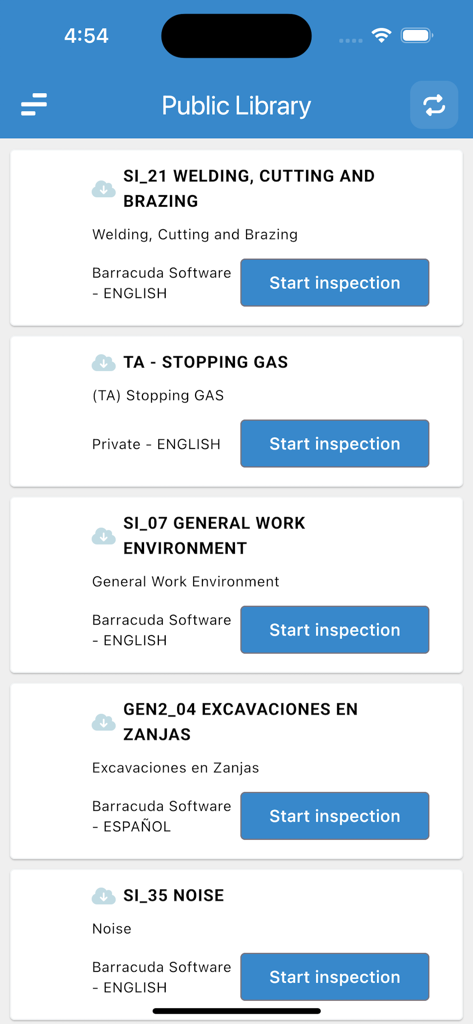 Safety Inspector - Public library screen in the Safety Inspector app showing a list of safety inspection templates like welding and noise with start buttons