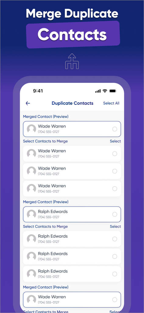 Cleaner ・Phone Storage Cleanup - 重複した連絡先のエントリのリストとともに、連絡先の重複をマージする機能を示すモバイルアプリの画面。