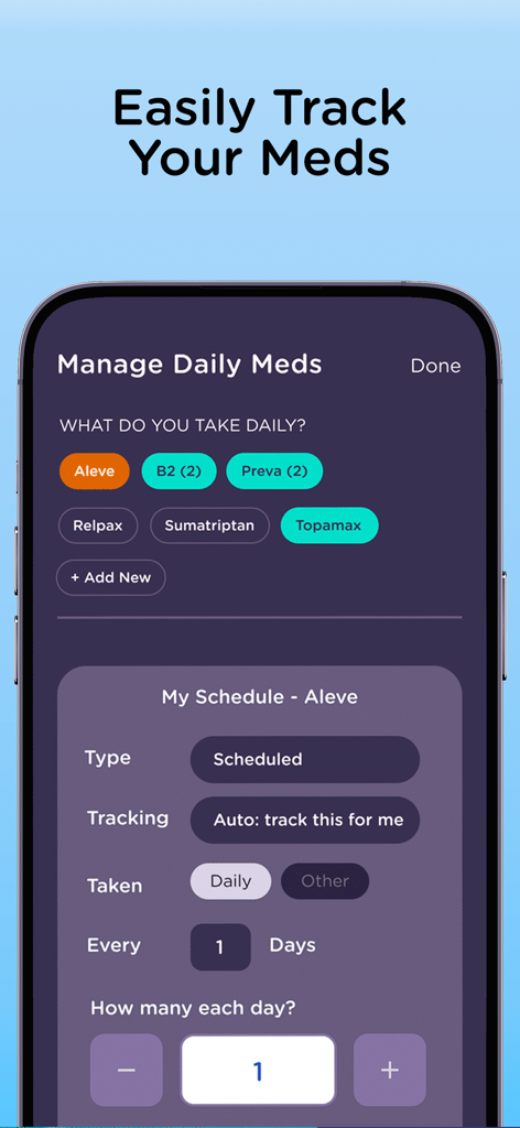 Una captura de pantalla de la aplicación Migraine Insight que muestra la pantalla de gestión de medicamentos con horarios diarios.