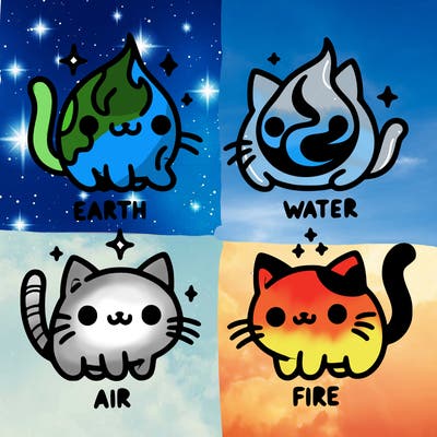4 cats that represent the different elements, earth, water, air, and fire