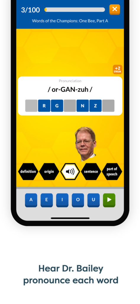 Word Club Spelling+Vocabulary - Word Club app interface showing phonetic pronunciation and audio feature with Dr. Bailey
