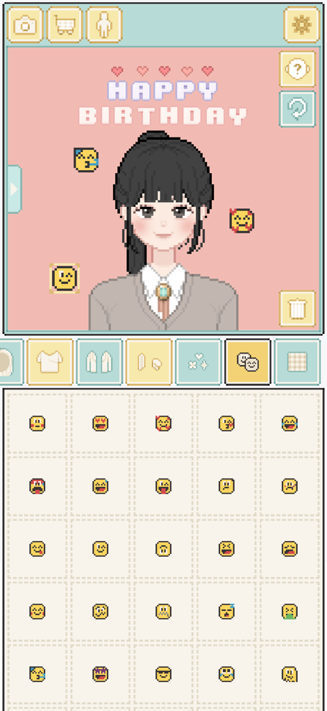 PIXPIX: Make my Avatar - A pixel art character editor screen in the PIXPIX app featuring a happy birthday theme and a grid of custom emoji stickers.
