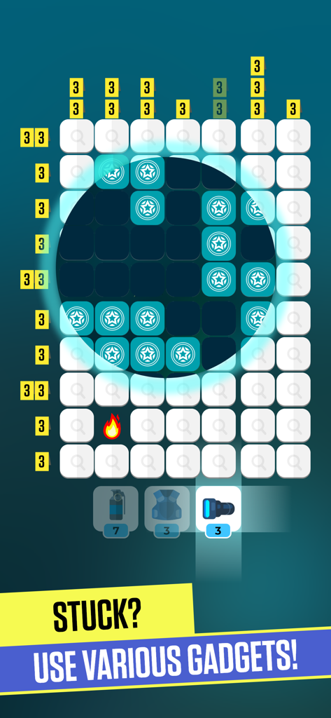 CRIMO - CRIMO mobile game screenshot of a logic puzzle grid using a flashlight gadget to reveal clues.