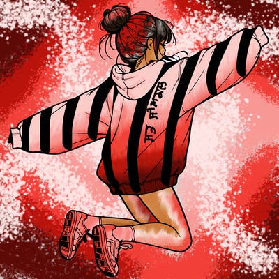 realistic girl jumping with a bun and oversized sweatshirt