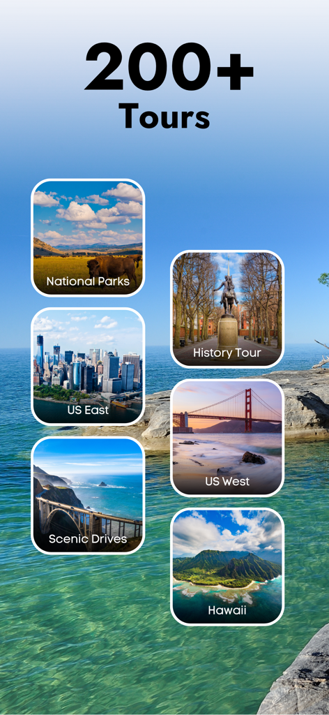 Lake Superior GPS Circle Tour - Lake Superior GPS Circle Tour app interface showing over 200 driving tours across categories like National Parks History and Scenic Drives