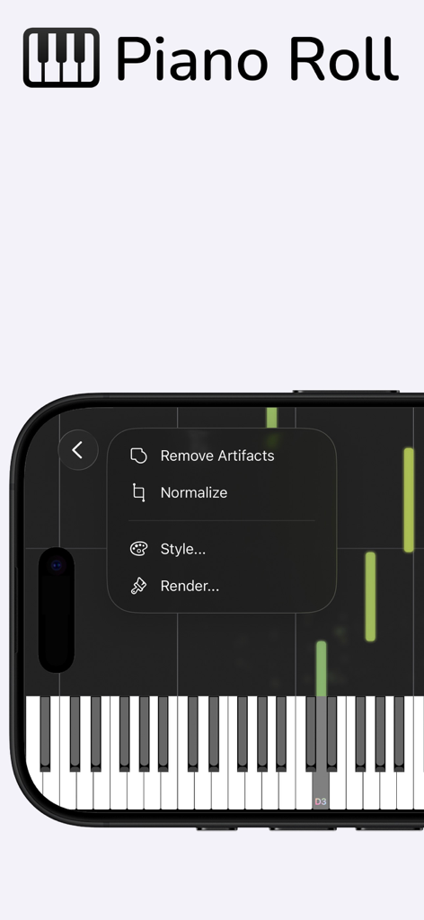 The Piano Roll interface on a smartphone showing MIDI notes and an editing menu with options like Remove Artifacts and Normalize.