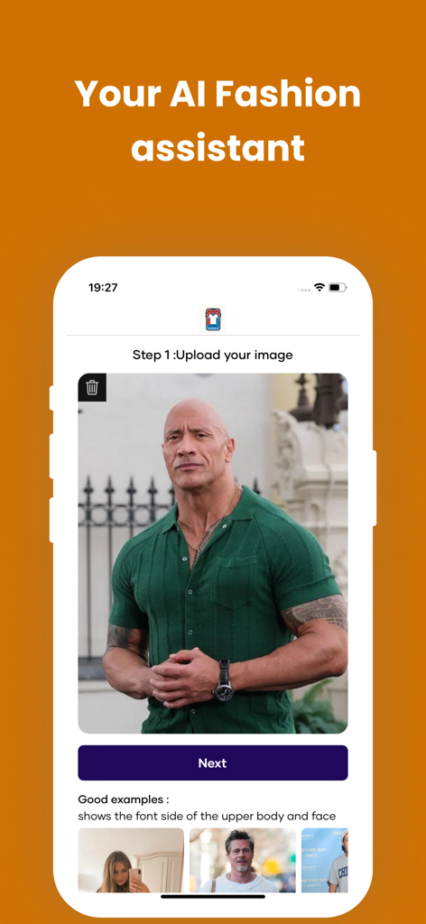AI Clothes Try-On: DressTry - Pantalla del asistente de moda con IA para subir una foto y probarse ropa virtualmente