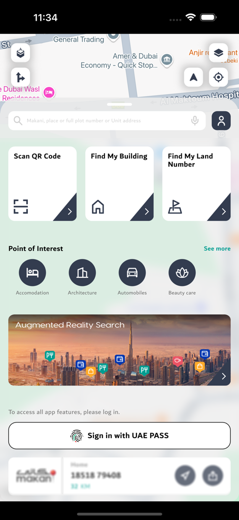 Makani app dashboard showing map search, 10-digit code entry, QR scanning, and augmented reality search features for Dubai