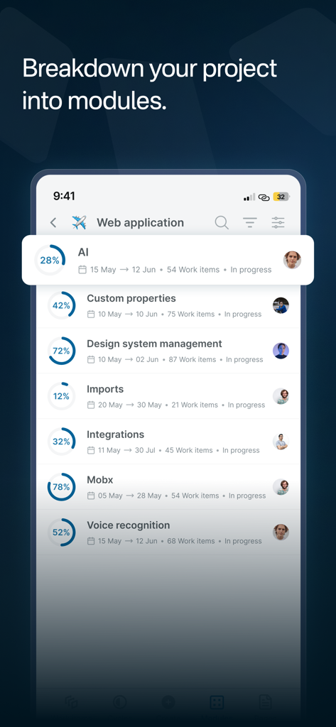 Captura de pantalla de la aplicación Plane que muestra el desglose de módulos del proyecto con indicadores de porcentaje de progreso para un proyecto de aplicación web