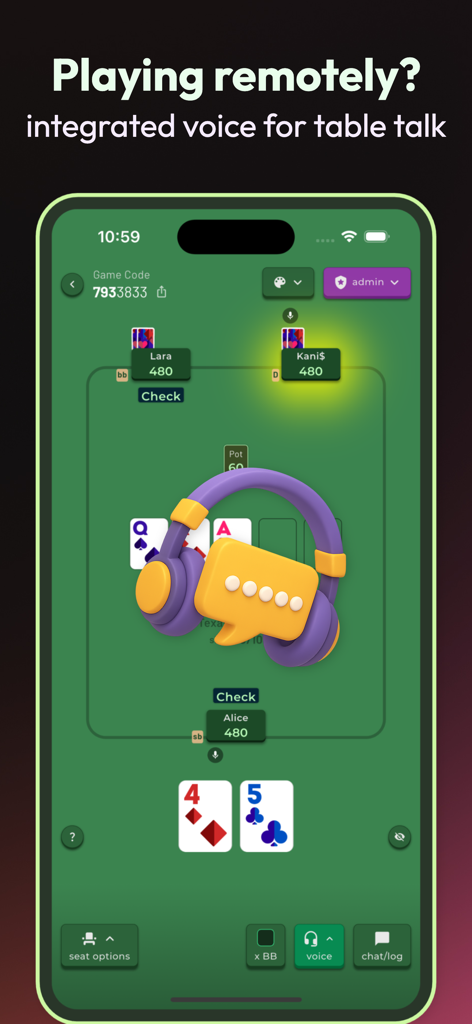 Poker 4 Friends: Chips of Fury - Interface do app Chips of Fury mostrando chat de voz integrado e recursos de jogo remoto para poker online com amigos.
