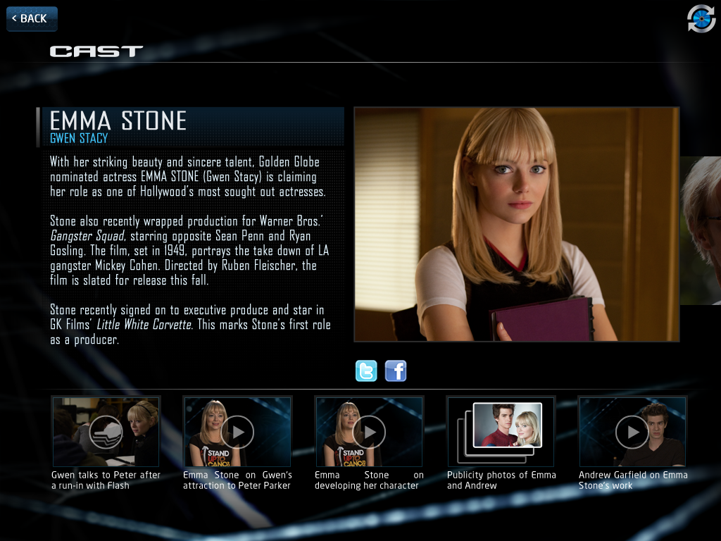 The Amazing Spider-Man Second Screen App - セカンドスクリーンアプリのエマ・ストーンのキャストプロフィール（グウェン・ステイシー役）。